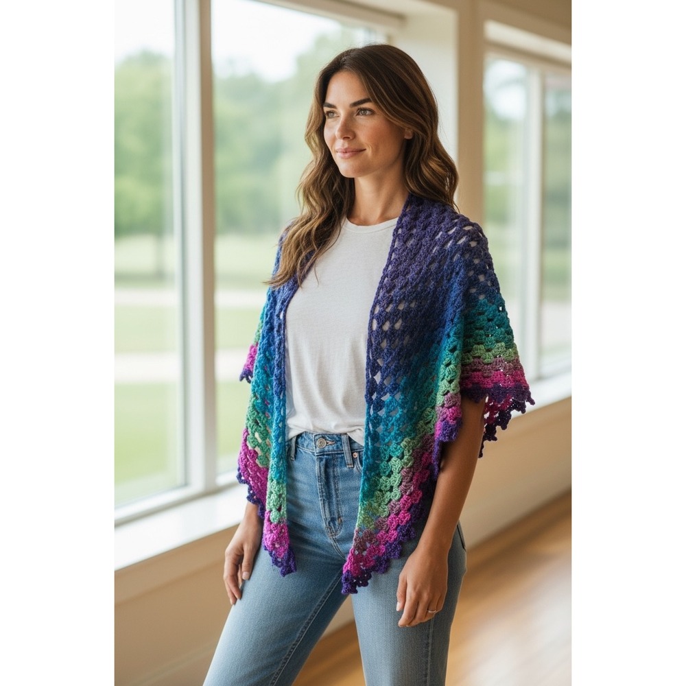 Handmade Crochet Rainbow Troll Ombre Triangle‎ Shawl Boho NEW Regaular Sz Shawl